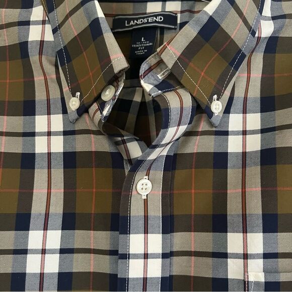 Lands End Men’s No Iron Traditional Fit Long Sleeve Plaid Shirt - Picture 5 of 16